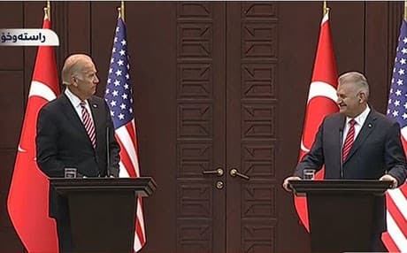 US Vice President Joe Biden (L) in a joint press conference with Turkish Prime Minister Binali Yildirim (R) in Ankara on Wednesday.