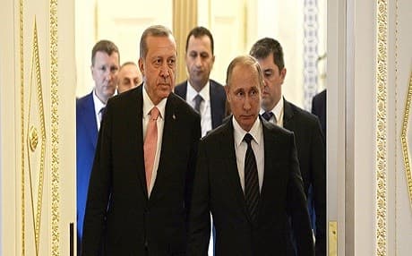 Turkish President Recep Tayyip Erdogan (left) visited St. Petersburg to meet Russian President Vladimir Putin (right) earlier this month, starting a rapprochement. Kremlin photo. 