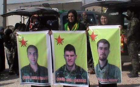 William Savage (L), Levi Jonathan Shirley (C) and Jordan MacTaggart (R), the three Americans, were among hundreds killed in battles to liberate contested Manbij. Photo: Roj News