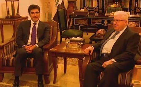 KRG Prime Minister Nechirvan Barzani (L) in a meeting with Fuad Masum, president of Iraq. Photo :Rudaw video