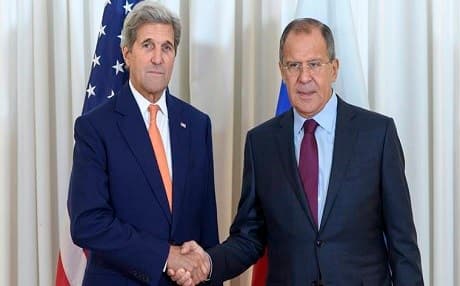 Photo: US Secretary of State John Kerry and Russian Foreign Minister shake hands during their most recent meeting on Syria in Geneva, Switzerland. Aug. 26. Photo: AP