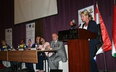 Janet Alberda, the Dutch consul general in Erbil, speaks at the launch of Task Force 1325. Photo: Women Empowerment Organization Facebook