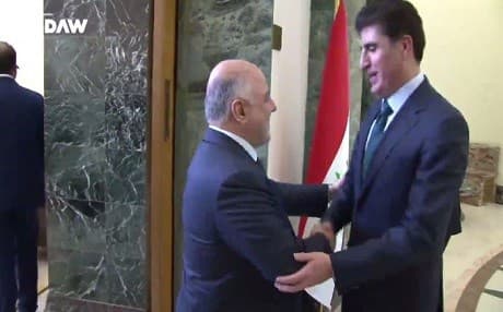 Kurdish Prime Minister Nechirvan Barzani (right) meets his Iraqi counterpart Haider al-Abadi in Baghdad last week, where the two agreed on a key oil deal.  