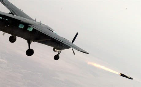 Iraqi Air Force Cessna AC-208 test firing a Hellfire missile. US Army photo by Sgt. Brandon Bolick