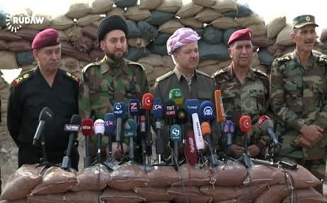 From left to right: Abdul-Ghani Al-Asadi, commnader of the Iraqi anti-terror forces . Amar Al Hakeem, head of the Shiite national Alliance. Masoud Barzani, President of Kurdistan Region. Aziz Waysi, commander of the Kurdish Zeravani forces. Jamal Iminiki,  Chief of General Staff of the Peshmerga forces. Photo: Rudaw video