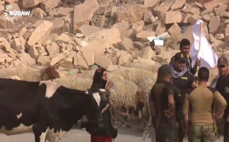 Residents of Gogjali neighbourhood flying white flags speak with Iraqi security forces Tuesday morning. Photo: Rudaw video