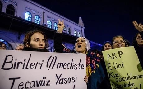 Women protesters in Istanbul shout slogans and hold placards denouncing the proposed law as 'rape.' Photo: AFP