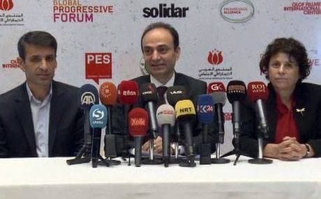Osman Baydemir, centre, HDPs deputy for Urfa, speaking in Sulaimani. 