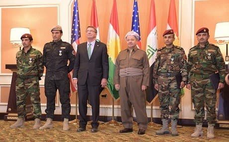 US Defense Secretary Ashton Carter with Kurdish President Masoud Barzani and four Peshmerga soldiers who were awarded medals of bravery by carter. Photo: KRG presidency