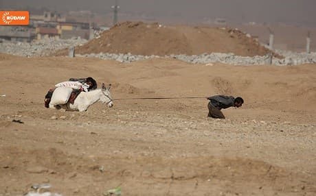 Mosul residents lead a laden donkey through a liberated neighbourhood of the city. Photo: Rudaw