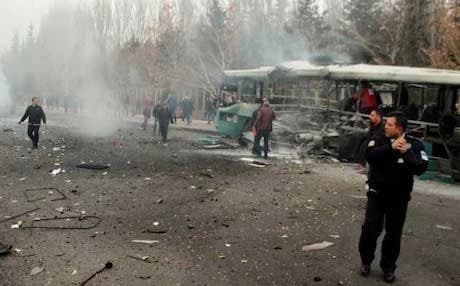 The blast went off across the Erciyes University in the city targeting a bus transporting Turkish soldiers. AFP photo