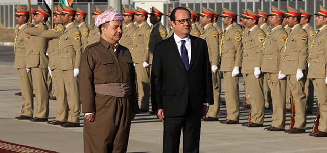 مەسعود بارزانی، سەرۆكی هەرێمی كوردستان لە پێشوازی فرانسوا ئۆلاند، سەرۆكی فەرەنسادا