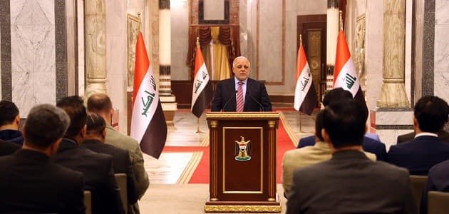 Prime Minister Haider al-Abadi talks to reporters on Tuesday. Photo: Iraqi PM office. 