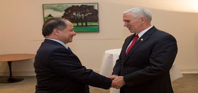 President Masoud Barzani [R] and US Vice President Mike Pence [L] greet each other in Munich on Saturday. Photo: VP Pence Twitter. 