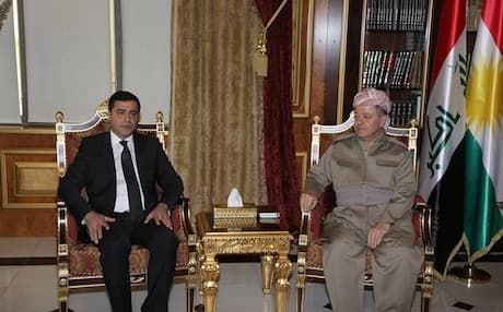 Jailed leader of the People's Democratic Party (HDP) Selahattin Demirtas in a meeting with Masoud Barzani president of the Kurdistan Region on his last visit to Erbil in September 2016. Photo: KRP