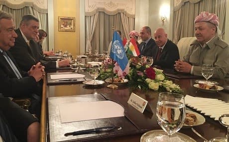 UN Secretary General Antonio Guterres (L) meeting with Kurdish President Masoud Barzani (R) in Erbil on Thursday evening. Photo: UN