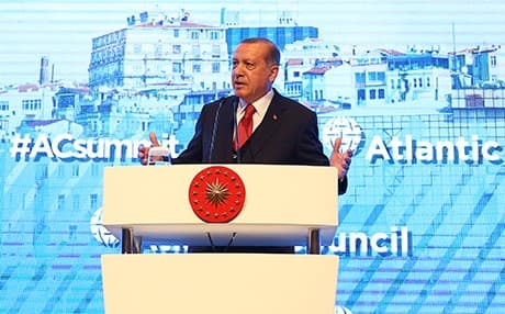Turkish President Recep Tayyip Erdogan delivers a speech during the Atlantic Council Summit in Istanbul on April 28. Photo: AA