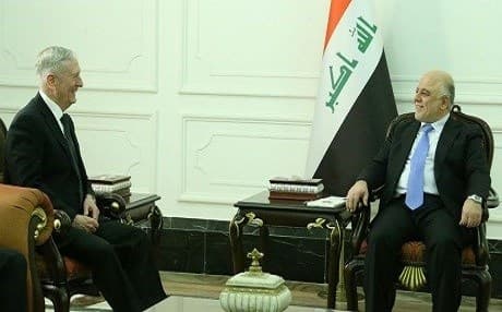 US Secretary of Defense James Mattis speaks with Iraqi Prime Minister Haider al-Abadi in Baghdad on Feb. 20. Photo: Iraqi PM Office