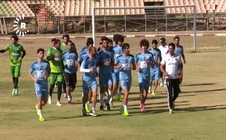 Players from Al-Zawraa prepare in Franso Hariri Stadium in Erbil.