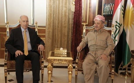 Osama al-Nujaifi, Iraqi Vice President and head of the newly-founded United for Iraq Sunni party [L] and Kurdish president Masoud Barzani discuss the future of Iraq on June 5, 2017 in Erbil. photo: Kurdistan Region Presidency media office