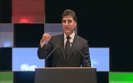 Prime Minister of the Kurdistan Regional Government (KRG) Nechirvan Barzani speaks at a ceremony held to commemorate the third anniversary of the ISIS invasion of Shingal. Photo from Rudaw video