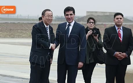 Kurdistan Region Prime Minister Nechirvan Barzani (R) receives UN Secretary General Ban Ki-moon.