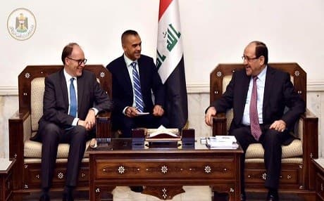 US Ambassador  to Iraq Douglas Sliman [L] meets with the Iraqi Vice President Nouri al-Maliki in Baghdad on September 17, 2017. Photo" Maliki's media office 