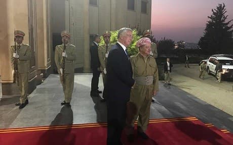 President Masoud Barzani welcomes British Secretary of State for Defence Michael Fallon on Monday. Photo: KRP