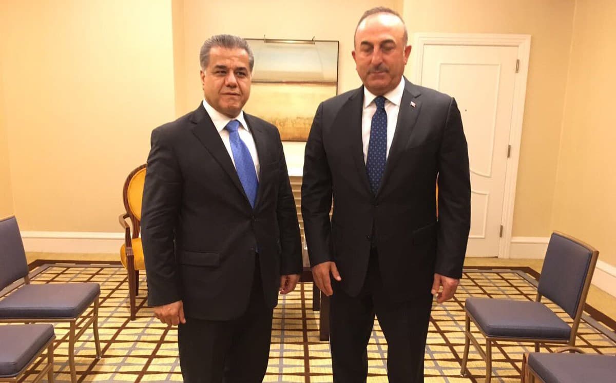 Falah Mustafa, head of Kurdistan Region’s foreign office, with Turkey’s Foreign Minister Mevlut Cavusoglu, in New York on Monday. Photo: Falah Mustafa twitter