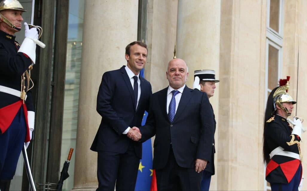 French President Emmanuel Macron welcoming Iraqi Prime Minister Haider al-Abadi to Élysée Palace on Thursday. Photo: Official
