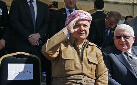 President Masoud Barzani [L]sits next to Iraqi President Fuad Masum at the funeral of the former Iraqi President Jalal Talabani on October 6, 2017 in Sulaimani. Photo: AFP/Shwan Mohammed