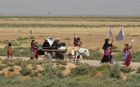Members of an Iraqi family, displaced from the outskirts of the then ISIS-stronghold of Hawija, raise white flags while travelling with a donkey-cart on the road outside the town on October 3, 2017 following an Iraqi-led operation to capture the city on September 29. Photo: AFP /Ahmad al-Rubaye