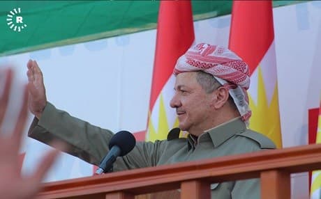 Kurdish  President Masoud Barzani waves at a rally for the Kurdish independence in Erbil on September 22, 2017 where an estimated 40,000 people expressed their support for leaving Iraq. Photo: Jamal Yad