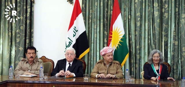 From left to right: Kurdistan Vice President Kosrat Rasul, Iraqi President Fuad Masum, Kurdistan President Masoud Barzani, and influential PUK politburo member Hero Ibrahim Ahmad. Photo: Rudaw TV