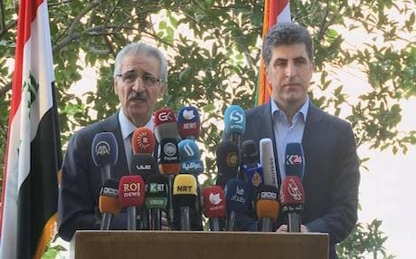 Mullah Bakhtyar, head of the executive body of the Patriotic Union of Kurdistan (PUK) (L) during a presser with Nechirvan Barzani, deputy president of the Kurdistan Democratic Party (KDP). Photo: Rudaw 