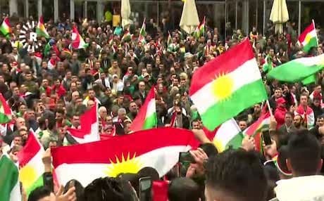 This image shows a large number of Kurdish diaspora staging angry protests in the German city of Cologne condemning global silence in the face of the Iraqi army and Iranian backed Hashd al-Shaabi militia incursion into the Kurdistani or disputed areas, notably Kirkuk. Photo: Rudaw video