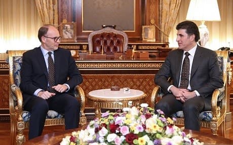 US Ambassador to Iraq Douglas Silliman [L] meets with Kurdish Prime Minister Nechirvan Barzani on November 2, 2017 in Erbil. Photo: KRG