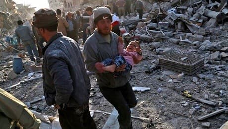 Dozens of civilians, including children, killed and wounded in Russian airstrikes on a marketplace in Atareb town in northern Aleppo province despite a "de-escalation zone" in place there. Photo: AFP/Zaman Al Wasl