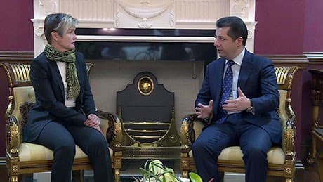 Şêwirmendê Encumena Asayişa Herêma Kurdistanê Mesrûr Barzanî û Balyoza Finlandê ya li Iraqê Pavi Laine îro li Hewlêrê civiyan.