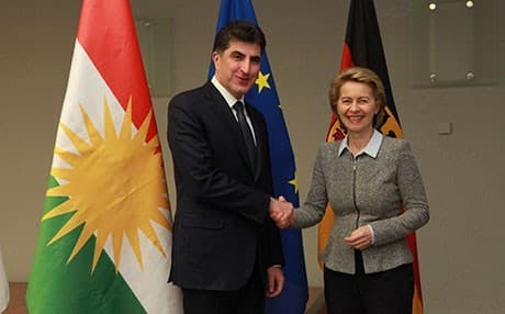 KRG PM Nechirvan Barzani shakes hands with German Defense Minister Ursula von der Leyen in Berlin , Germany. Rudaw photo