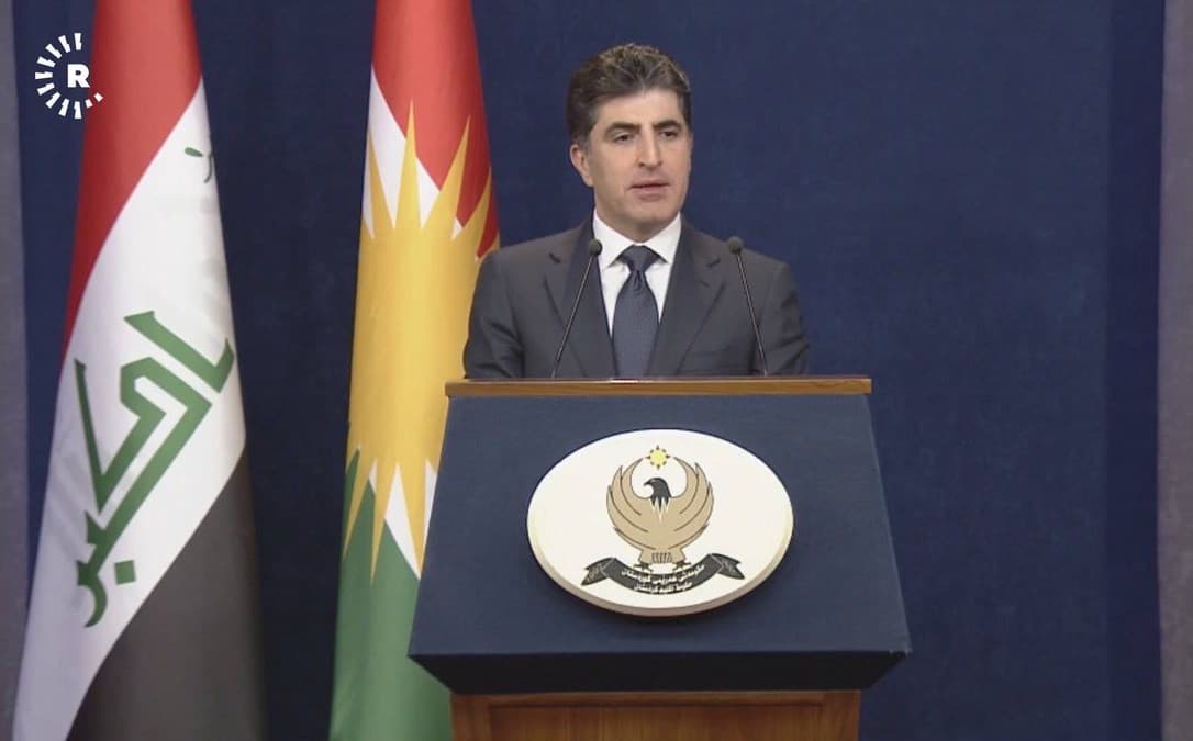 Kurdistan Region Prime Minister Nechirvan Barzani speaks during a press conference on Thursday. Photo: Rudaw