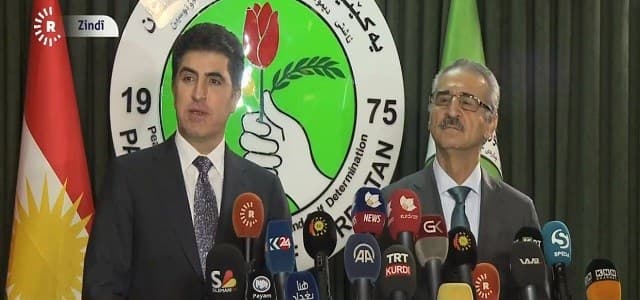 KDP Deputy President Nechirvan Barzani speaks in a joint press conference with Mala Bakhtiyar, a senior PUK leader, in Sulaimani on January 7. Photo: Rudaw TV