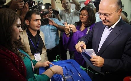 Former KRG Prime Minister Barham Salih [R] takes part in the Kurdish general elections in 2013 in Sulaimani, stronghold of his parent party PUK. File photo: Rudaw/Sartip Othman