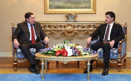UK Ambassador to Iraq Jonathan Wilks (L) stressed the need to maintain talks between delegations from Erbil and Baghdad on different levels to resolve the two sides outstanding issues, in a meeting with KRG PM Nechirvan Barzani. Photo: KRG