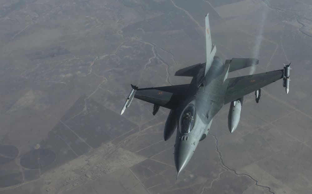 A Belgian Air Force F-16AM Fighting Falcon pictured during a mission in an undisclosed location in Iraqi and Syrian airspace in November. Photo: US Air Force