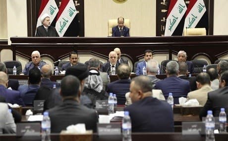Iraqi Prime Minister Haider al-Abadi [centre] attends a session of the Iraqi parliament in Baghdad on September 27, 2017 when they passed a set of measures against the Kurdish independence vote held by Erbil. File photo Karim Kadim / AP