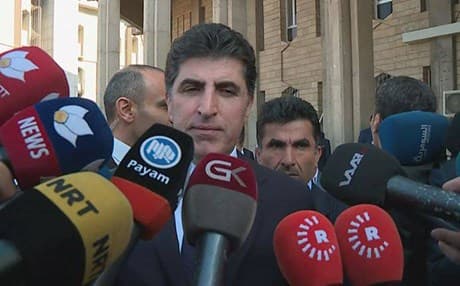 Kurdish Prime Minister Nechirvan Barzani speaks to reporters following a meeting with the Kurdish parliament and the election body t discuss setting a date for the general election in the Kurdistan Region. Photo: Rudaw TV
