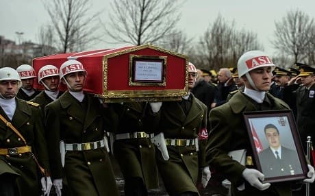 Turkish soldiers carry the coffin of  a Turkish soldier who was reportedly killed in cross-border clashes with Kurdish People's Protection Units (YPG) forces in Afrin, Syria, during a funeral ceremony in Istanbul on February 11, 2018. Photo:AFP/Yasin Akgul