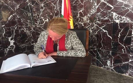 Janet Alberda, the consul general for the Netherlands in Erbil, visits the Halabja Monument for the victims of genocide in 2017. Photo: Netherlands CG 