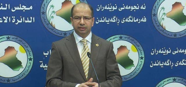 Iraqi Parliament Speaker Salim al-Jabouri speaking to reporters on February 12, 2018. Photo: Rudaw TV 